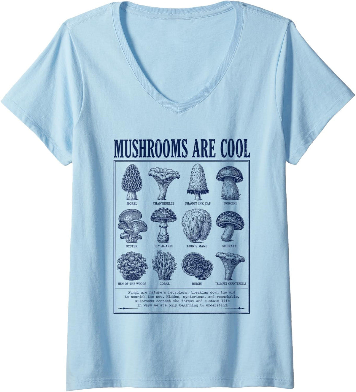 Women's Mushrooms are Cool Mushroom Lover Mycology Fungi Humor V-Neck T-Shirt - Baby Blue