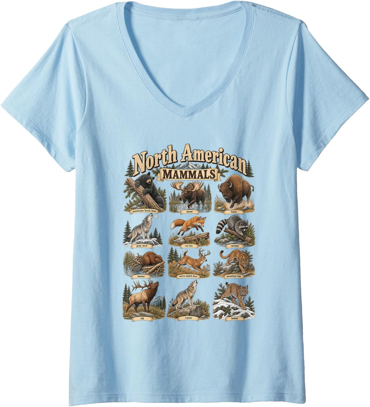 Women's Wildlife North American Mammals Woodland Animal Lover V-Neck T-Shirt - Baby Blue