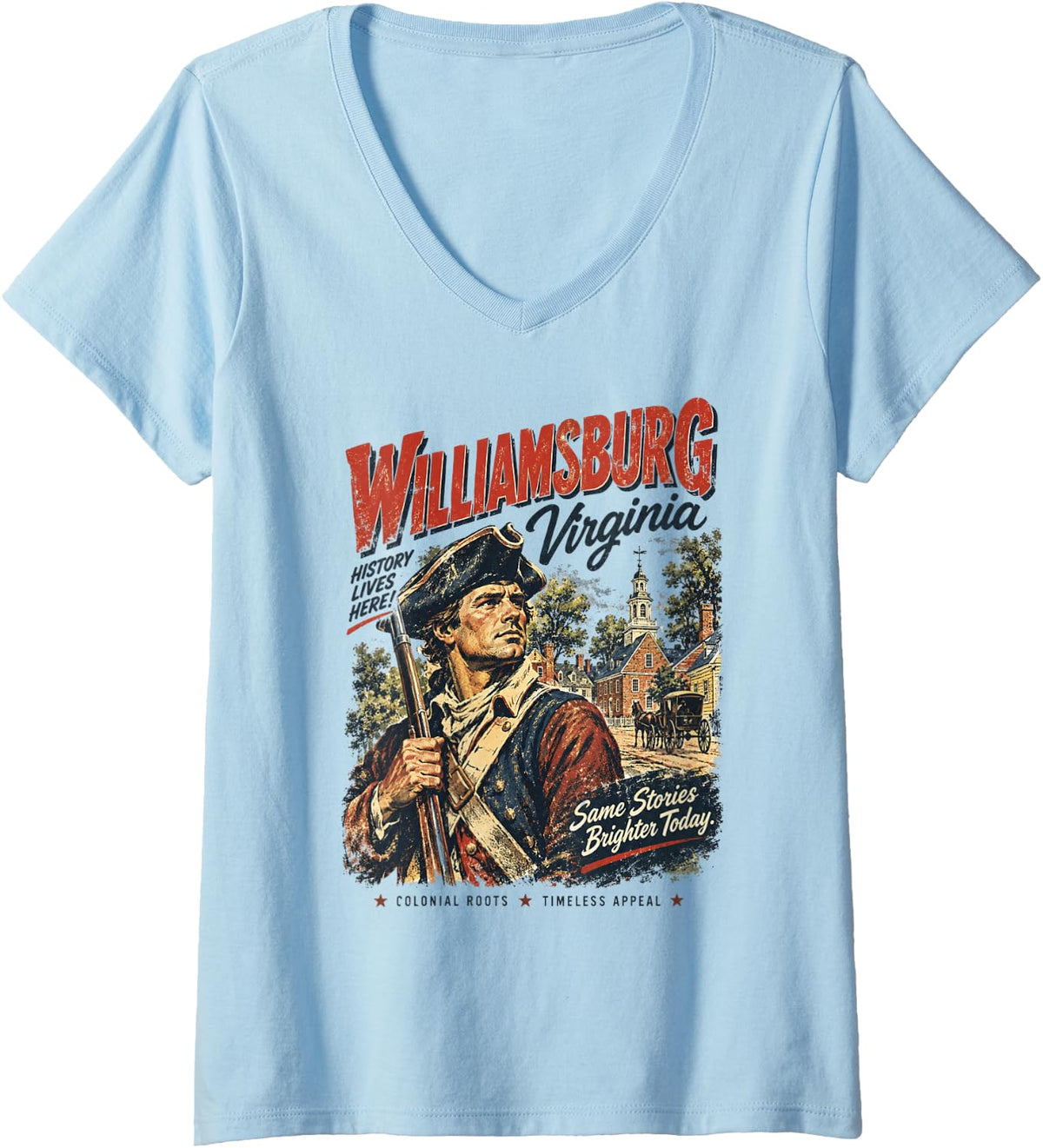 Women's Williamsburg Virginia | History Lives Here Retro Travel V-Neck T-Shirt - Baby Blue