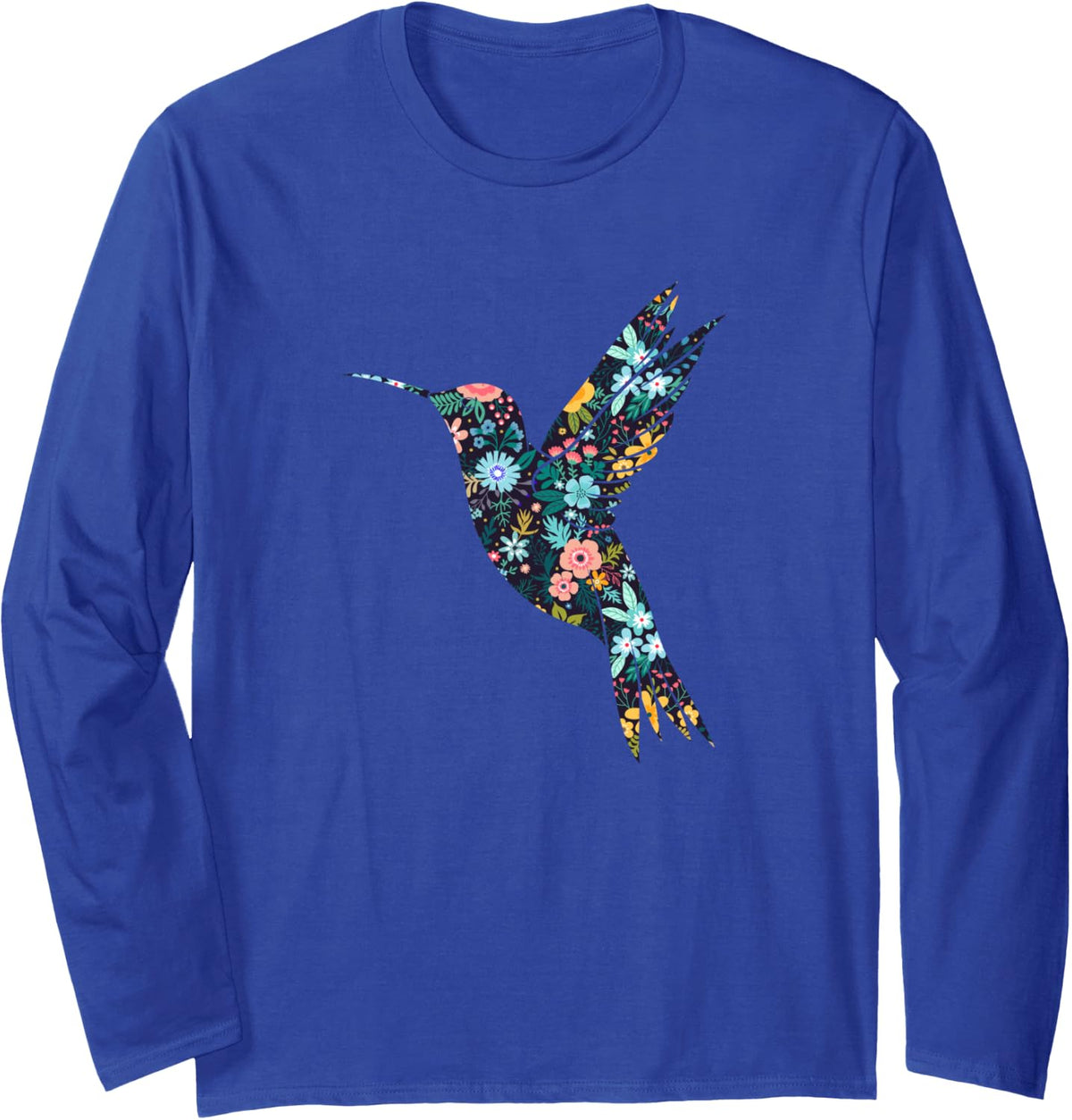 Floral Hummingbird Silhouette Womens Girls Graphic Long Sleeve T-Shirt - Adult Unisex Royal Blue