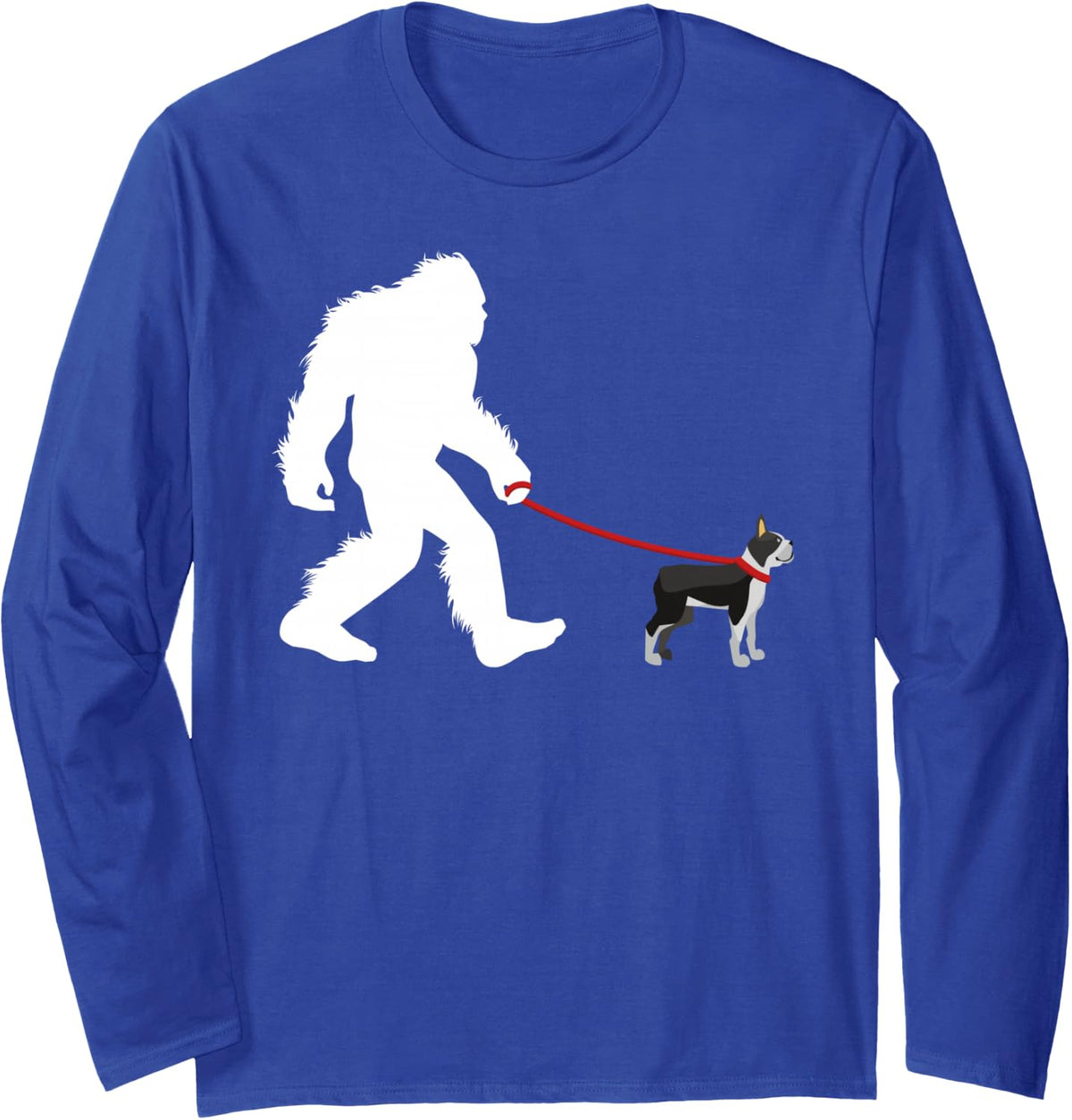 Bigfoot Walking Boston Terrier Dog Walker Long Sleeve T-Shirt - Adult Unisex Royal Blue