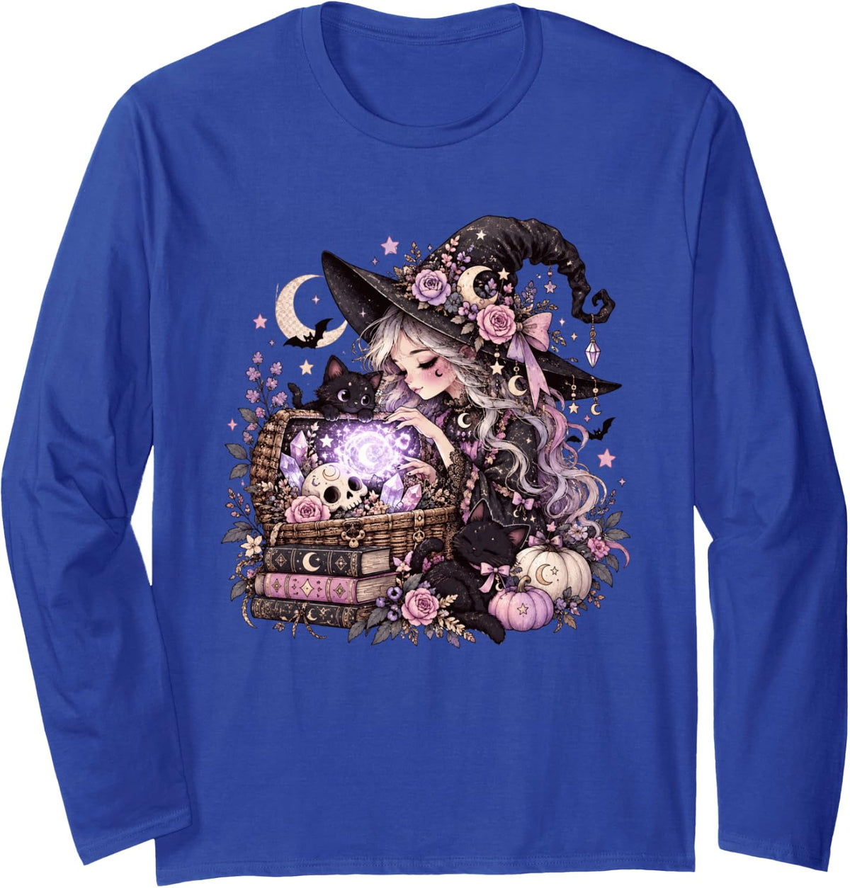 Alternative Cute Pastel Goth Witch Black Cat Witchcore Long Sleeve T-Shirt - Adult Unisex Royal Blue