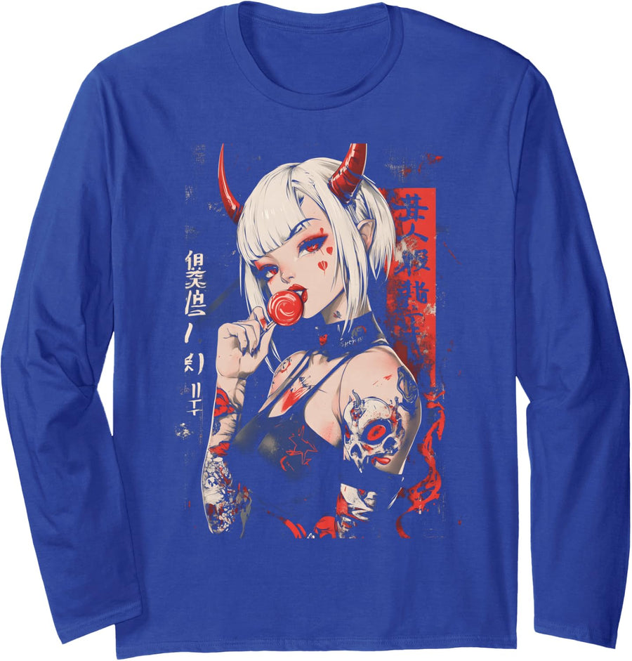 Goth Grunge Girl Waifu Demon Anime Horror Alt Aesthetic Long Sleeve T-Shirt - Adult Unisex Royal Blue