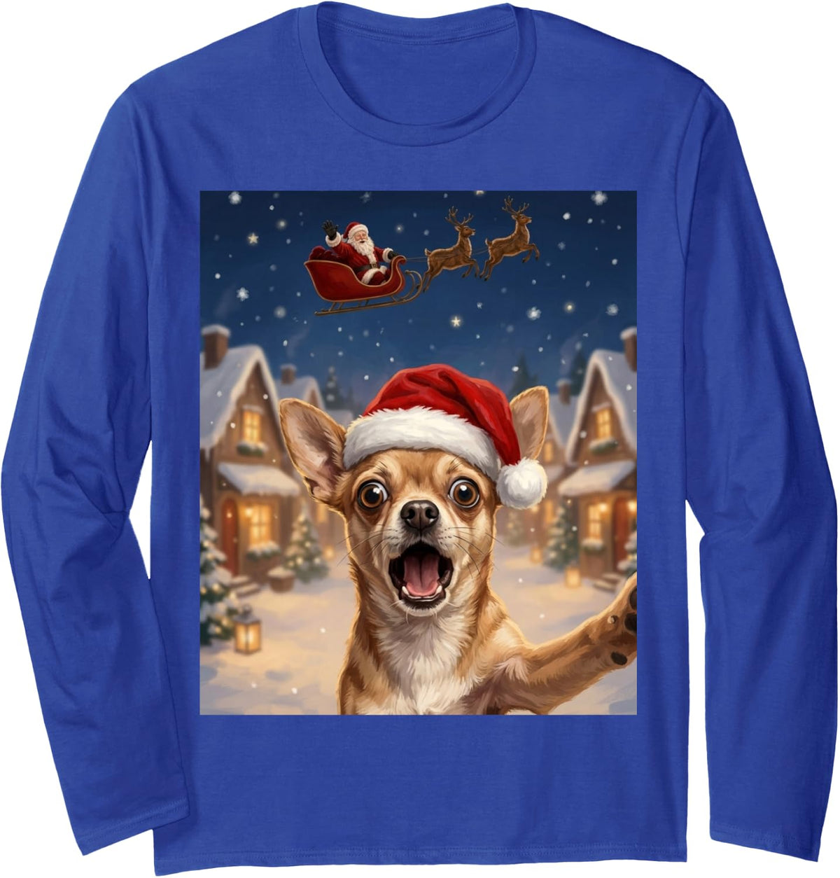 Chihuahua Dog Selfie with Santa Cute Christmas Card Gifts Long Sleeve T-Shirt - Adult Unisex Royal Blue
