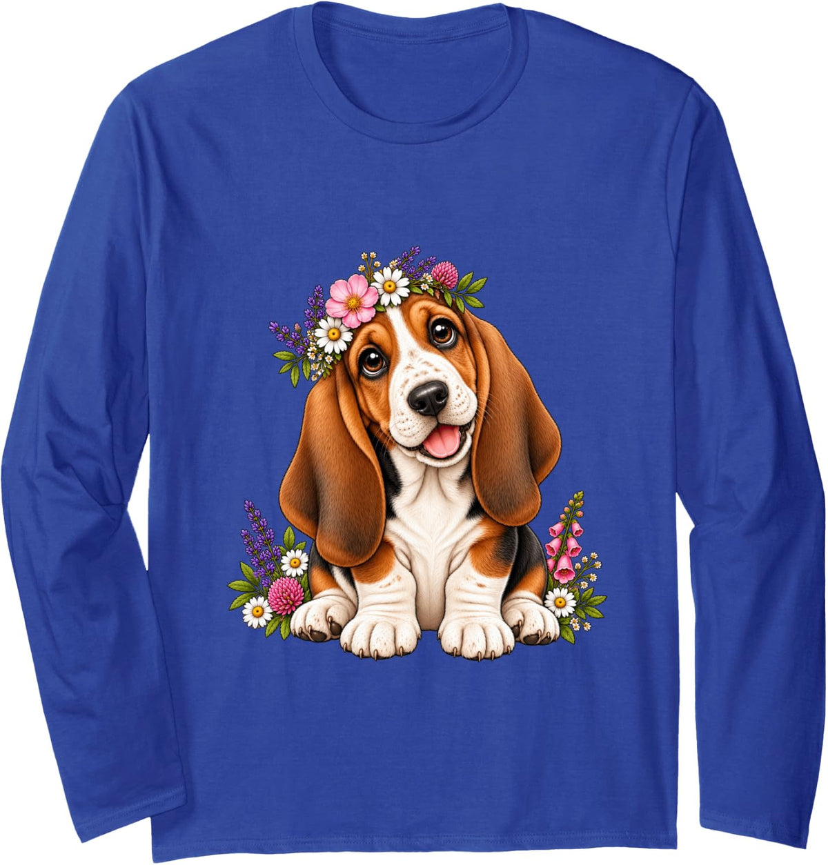 Basset Hound Cute Floral Puppy Crown Flowers Long Sleeve T-Shirt - Adult Unisex Royal Blue