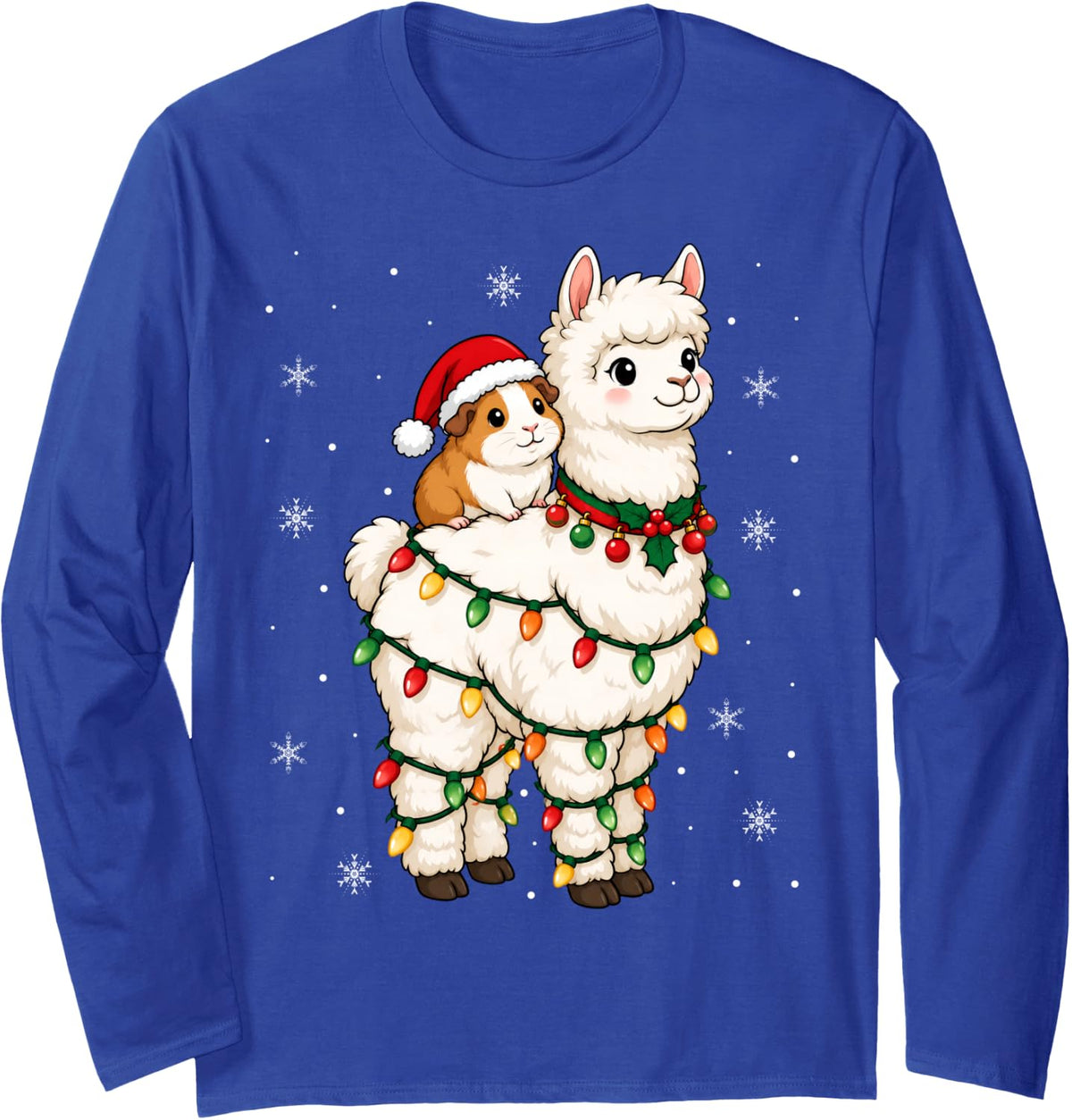 Festive Santa Guinea Pig Alpaca Christmas Lights Holiday Long Sleeve T-Shirt - Adult Unisex Royal Blue