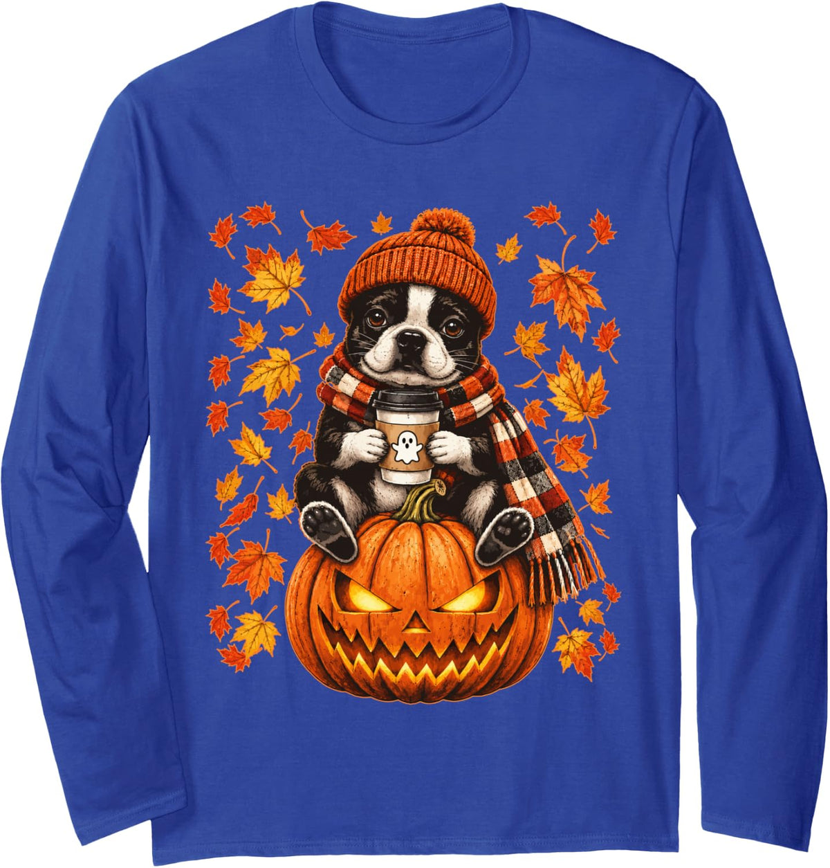 Boston Terrier with Coffee Pumpkin Fall Leaves Halloween Dog Long Sleeve T-Shirt - Adult Unisex Royal Blue