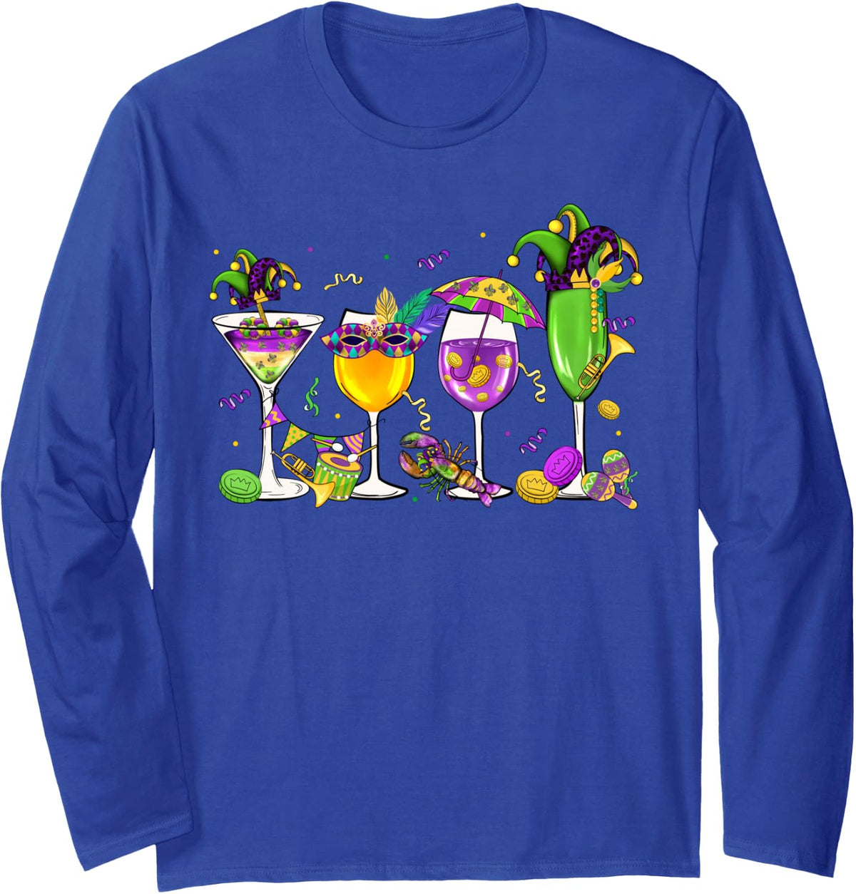 Fat Tuesday Mardi Gras Wine Glasses Drink Carnival Men Women Long Sleeve T-Shirt - Adult Unisex Royal Blue