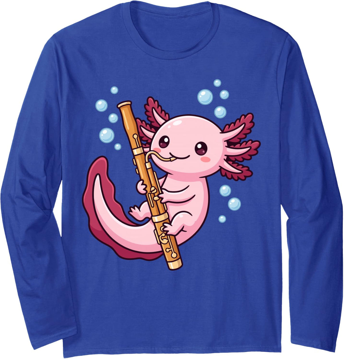 Cute Axolotl Playing Bassoon Funny Bassoonist Musician Long Sleeve T-Shirt - Adult Unisex Royal Blue