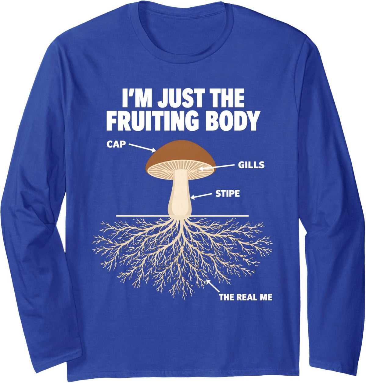 I'm Just The Fruiting Body Mycelium Mycology Fungi Joke Long Sleeve T-Shirt - Adult Unisex Royal Blue
