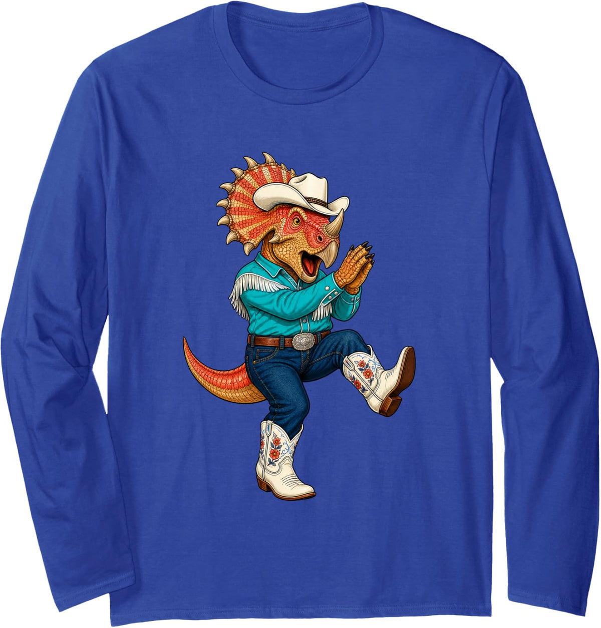 Line Dancing Centrosaurus Dinosaur Cowboy Funny Long Sleeve T-Shirt - Adult Unisex Royal Blue