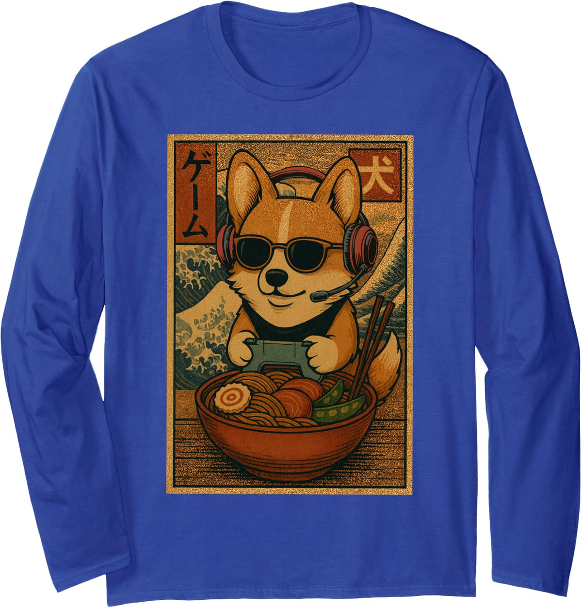 Corgi Kawaii Gamer Funny Ramen Retro Japanese Corgi Gaming Long Sleeve T-Shirt - Adult Unisex Royal Blue