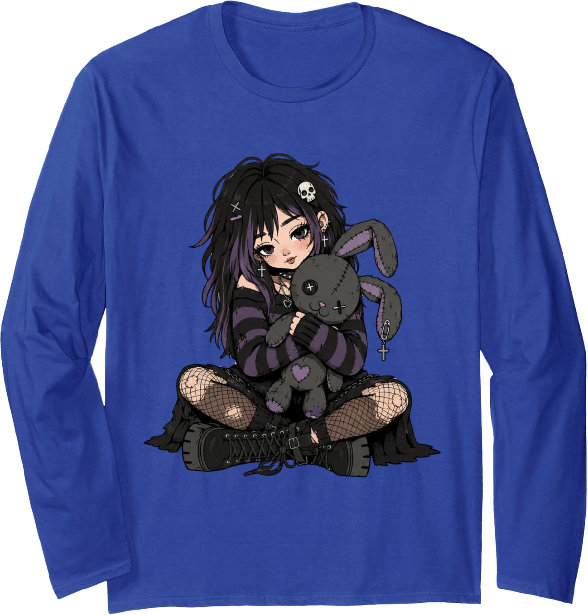 Cute Goth Girl with Stitched Bunny Emo Gothic Alternative Long Sleeve T-Shirt - Adult Unisex Royal Blue