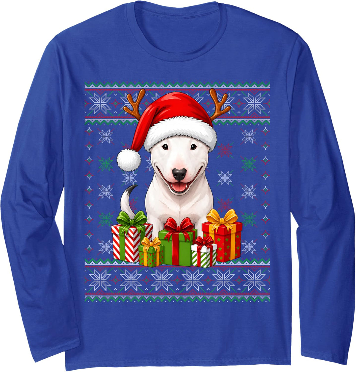 Bull Terrier Dog Christmas Ugly Sweaters Festive Pet Xmas Long Sleeve T-Shirt - Adult Unisex Royal Blue