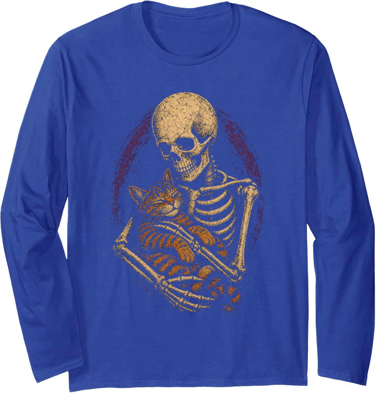 Halloween Skeleton Cat Lover Tabby Bat Vintage Badge Art Long Sleeve T-Shirt - Adult Unisex Royal Blue