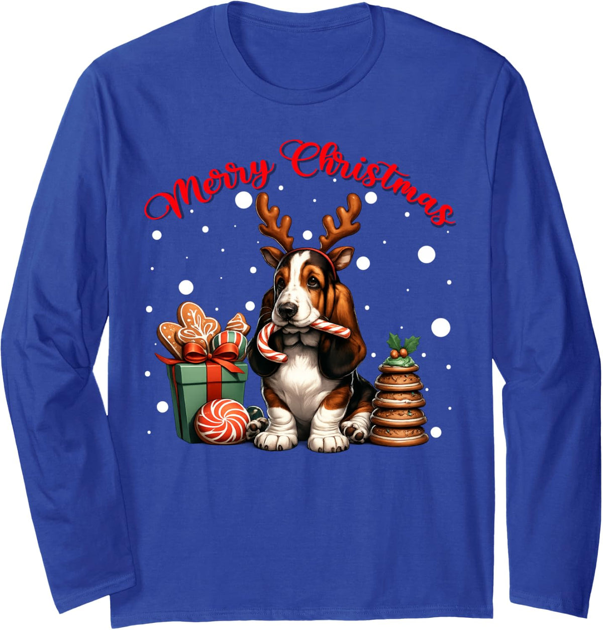 Merry Christmas Cute Basset Hound Dog Ugly Xmas Sweaters Long Sleeve T-Shirt - Adult Unisex Royal Blue