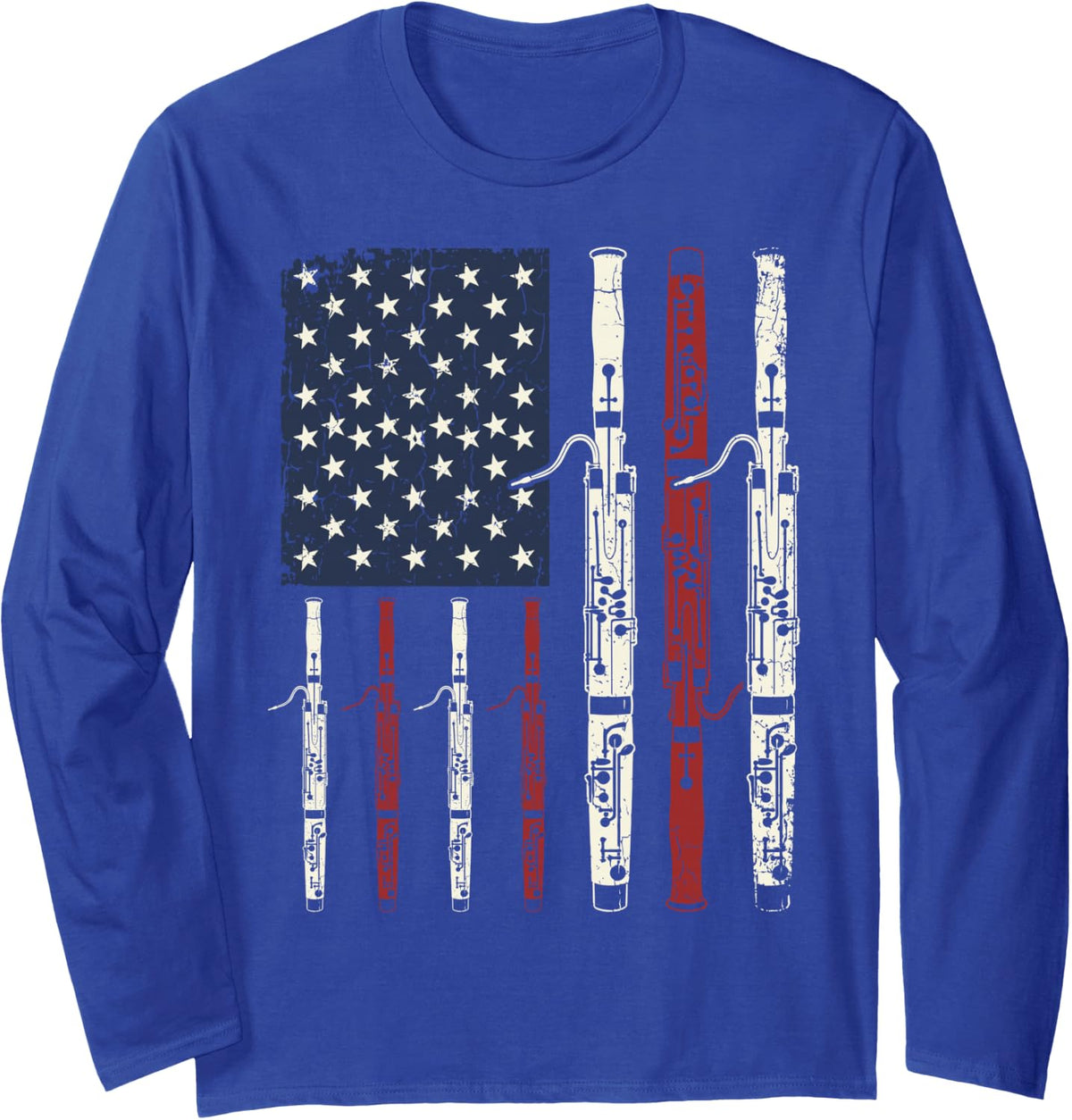 American Flag Bassoon Patriotic Bassoonist Musician Long Sleeve T-Shirt - Adult Unisex Royal Blue