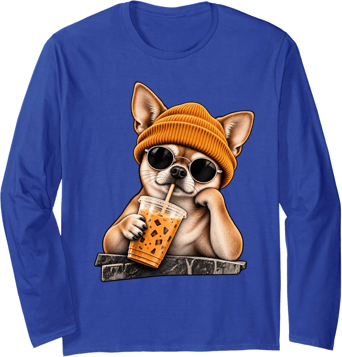 Funny Chihuahua Hipster Drinking Iced Coffee Sunglasses Long Sleeve T-Shirt - Adult Unisex Royal Blue