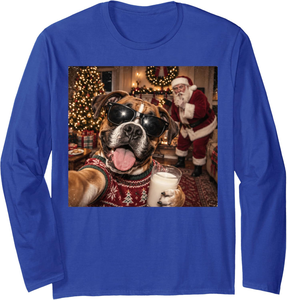 Funny Boxer Christmas Santa Selfie Dog Lover Holiday Xmas Long Sleeve T-Shirt - Adult Unisex Royal Blue