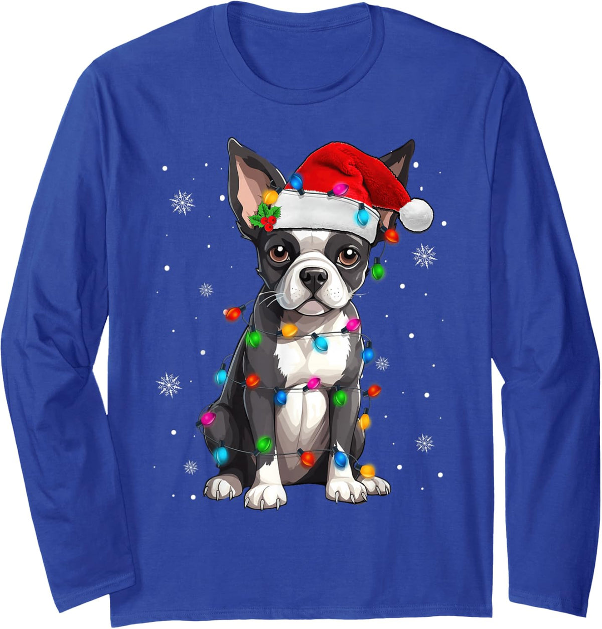 Boston Terrier Christmas Santa Hat Tree Lights Pajama Long Sleeve T-Shirt - Adult Unisex Royal Blue