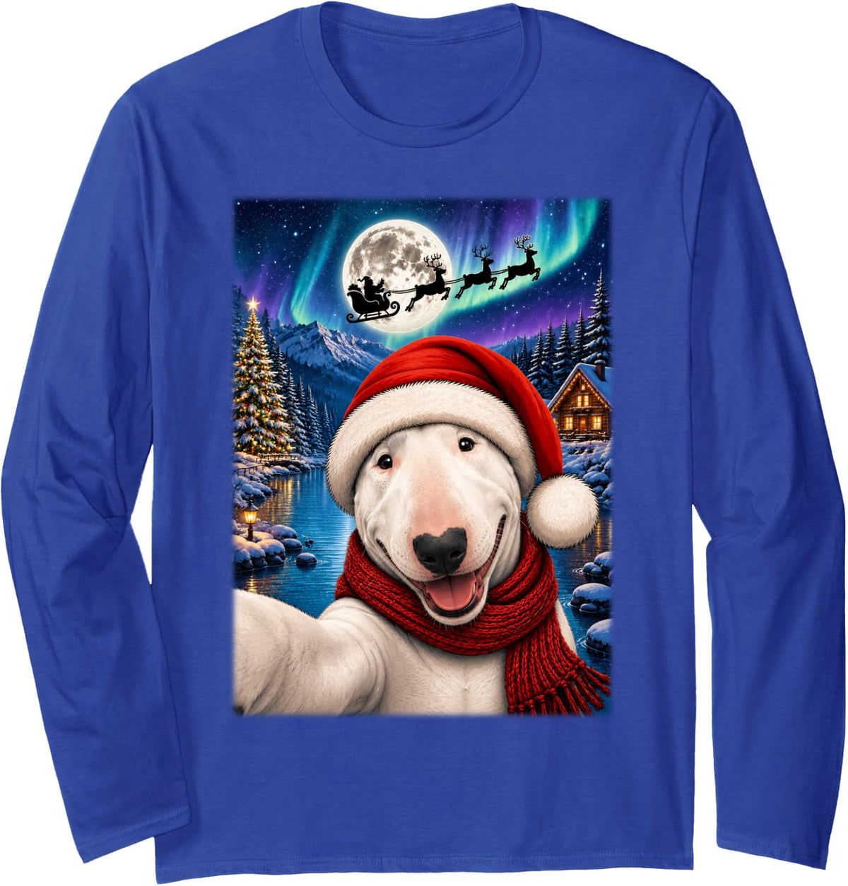 Bull Terrier Dog Christmas Moon Night Santa Sleigh Xmas Long Sleeve T-Shirt - Adult Unisex Royal Blue