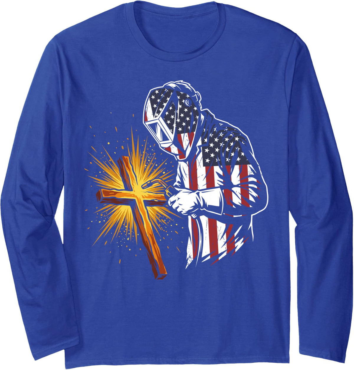 US American Flag Cross Christian Welder Welding Metal Weld Long Sleeve T-Shirt - Adult Unisex Royal Blue