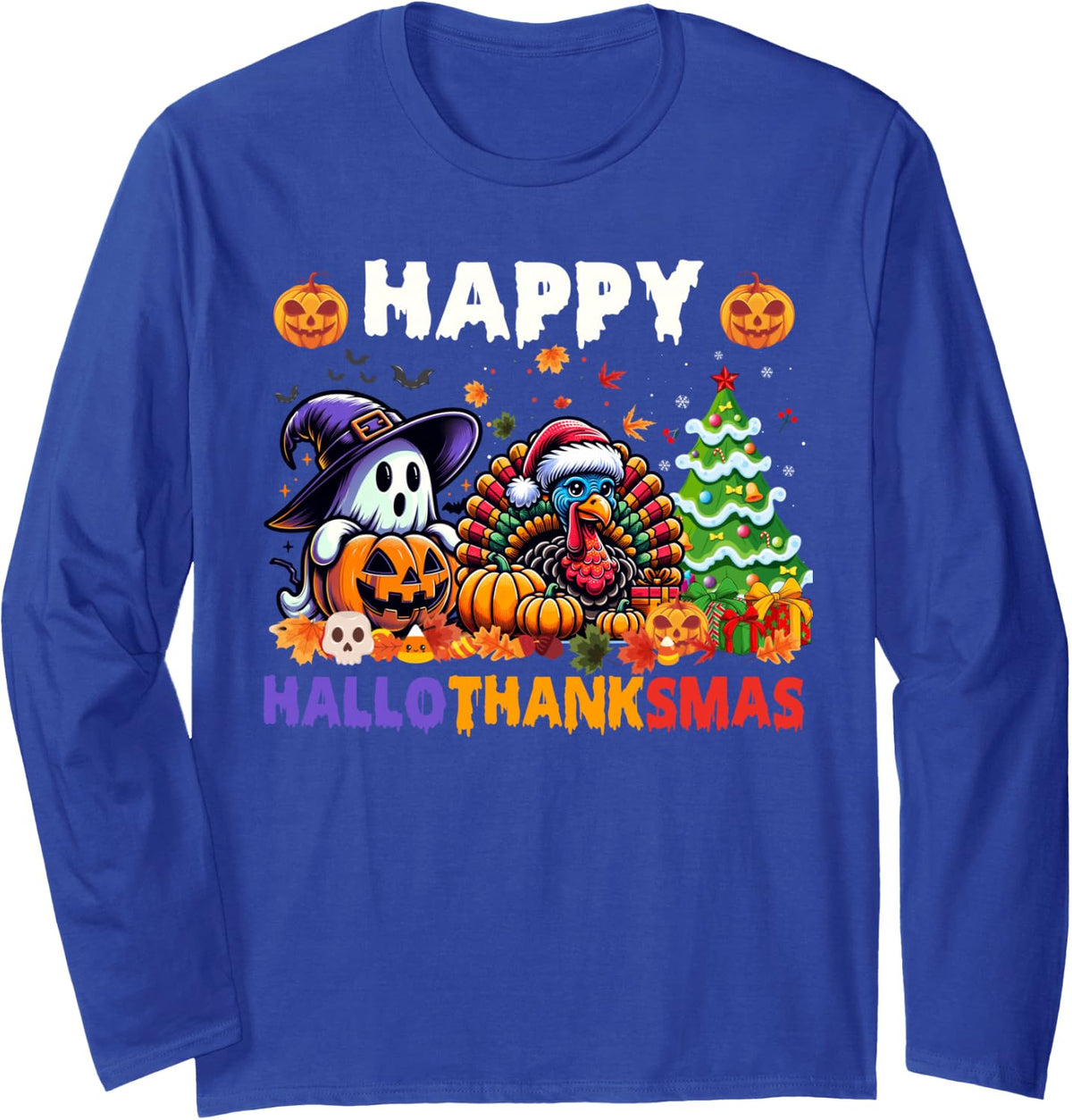 Halloween Thanksgiving Christmas Happy Hallothanksmas Long Sleeve T-Shirt - Adult Unisex Royal Blue