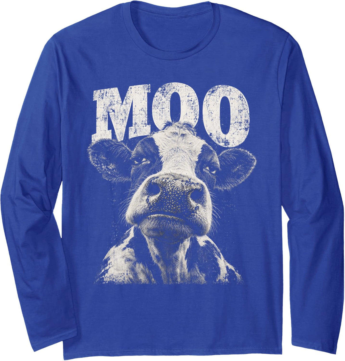 Humorous Cow Face Moo Text Graphic Long Sleeve T-Shirt - Adult Unisex Royal Blue