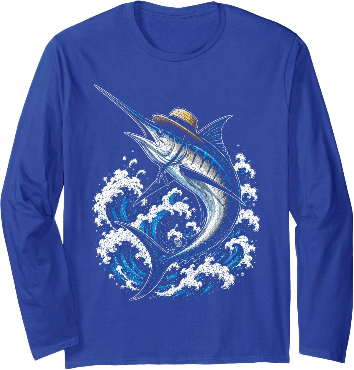 Marlin Fish Hat Ocean Angler Dad Father Long Sleeve T-Shirt - Adult Unisex Royal Blue