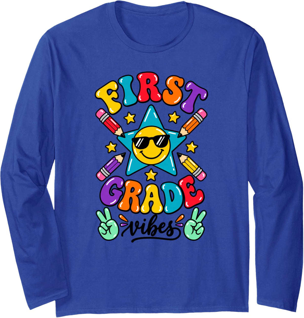 First Grade Vibes School Star Pencils Long Sleeve T-Shirt - Adult Unisex Royal Blue
