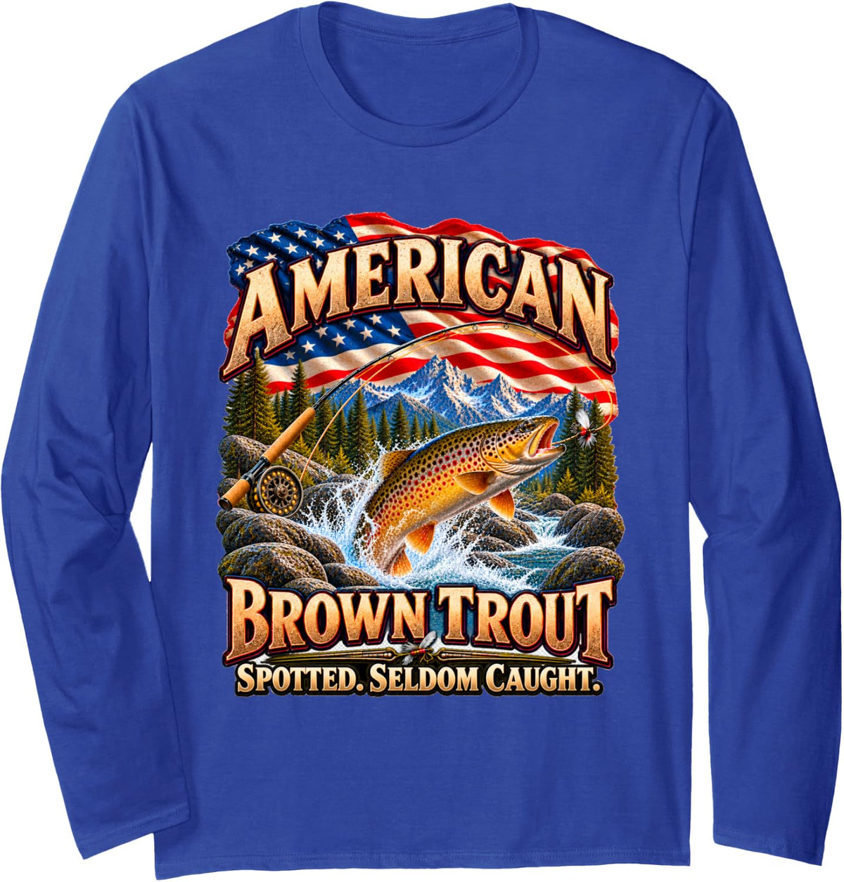 American Brown Trout Fly Fishing Fisherman Men Women Teens Long Sleeve T-Shirt - Adult Unisex Royal Blue