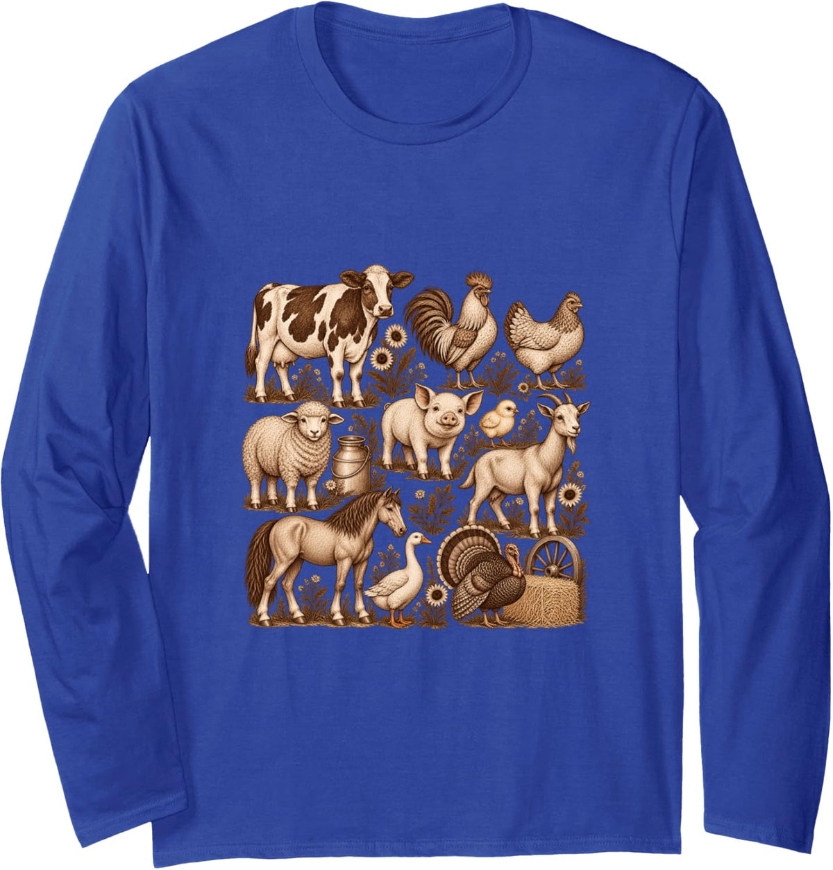 Vintage Farm Animals Cow Chicken Pig Horse Rustic Farm Life Long Sleeve T-Shirt - Adult Unisex Royal Blue