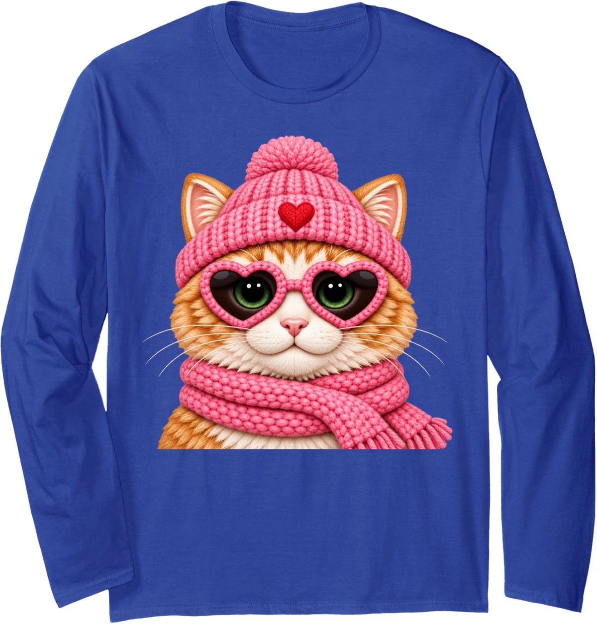 Orange Cat Pink Heart Sunglasses Cozy Winter Hat Scarf Long Sleeve T-Shirt - Adult Unisex Royal Blue