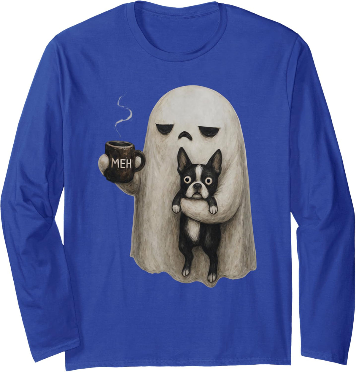 Vintage Funny Meh Boo Ghost Holding Boston Terrier Dog Lover Long Sleeve T-Shirt - Adult Unisex Royal Blue