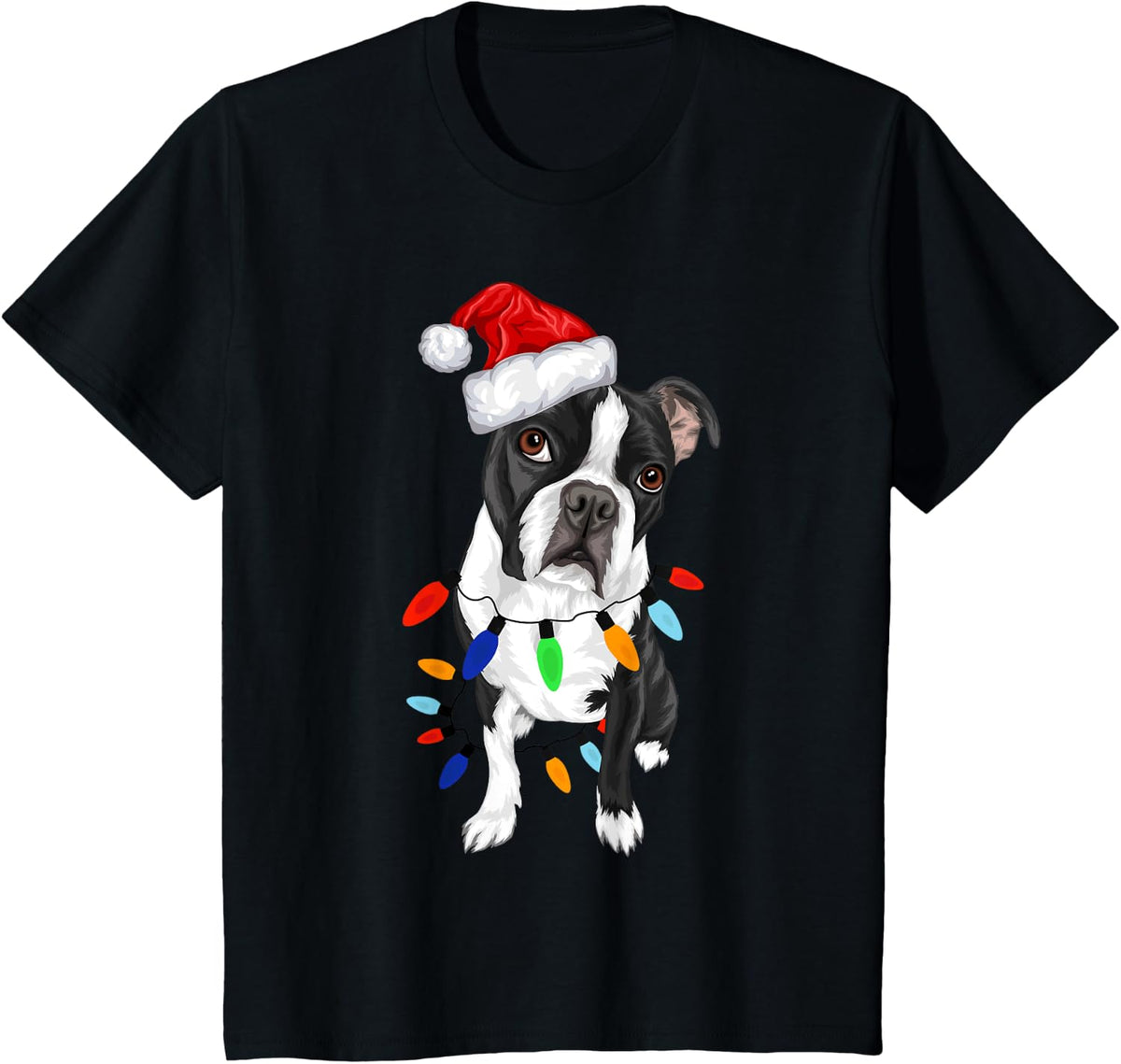 Boston Terrier Santa Christmas Lights Xmas Dog Lover Gift Men Women Kids T-Shirt - Black