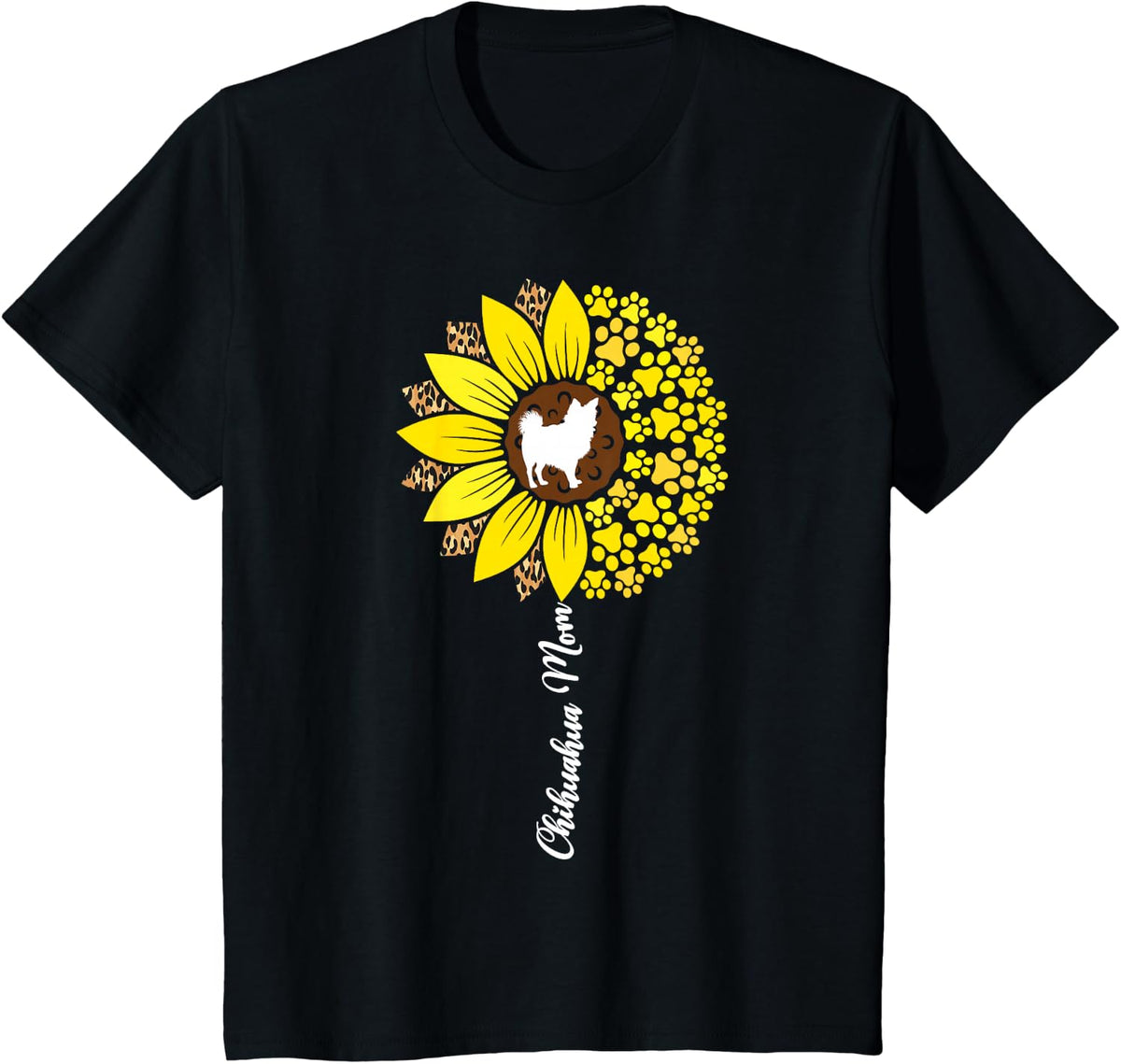 Long Haired Hair Chihuahua Mom Sunflower Chiwawa Lover Dog T-Shirt - Black