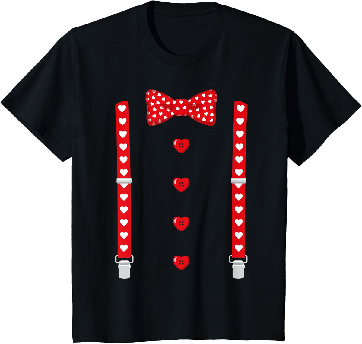 Red Hearts Bow Tie Suspenders Tuxedo Valentines Day Costume T-Shirt - Black