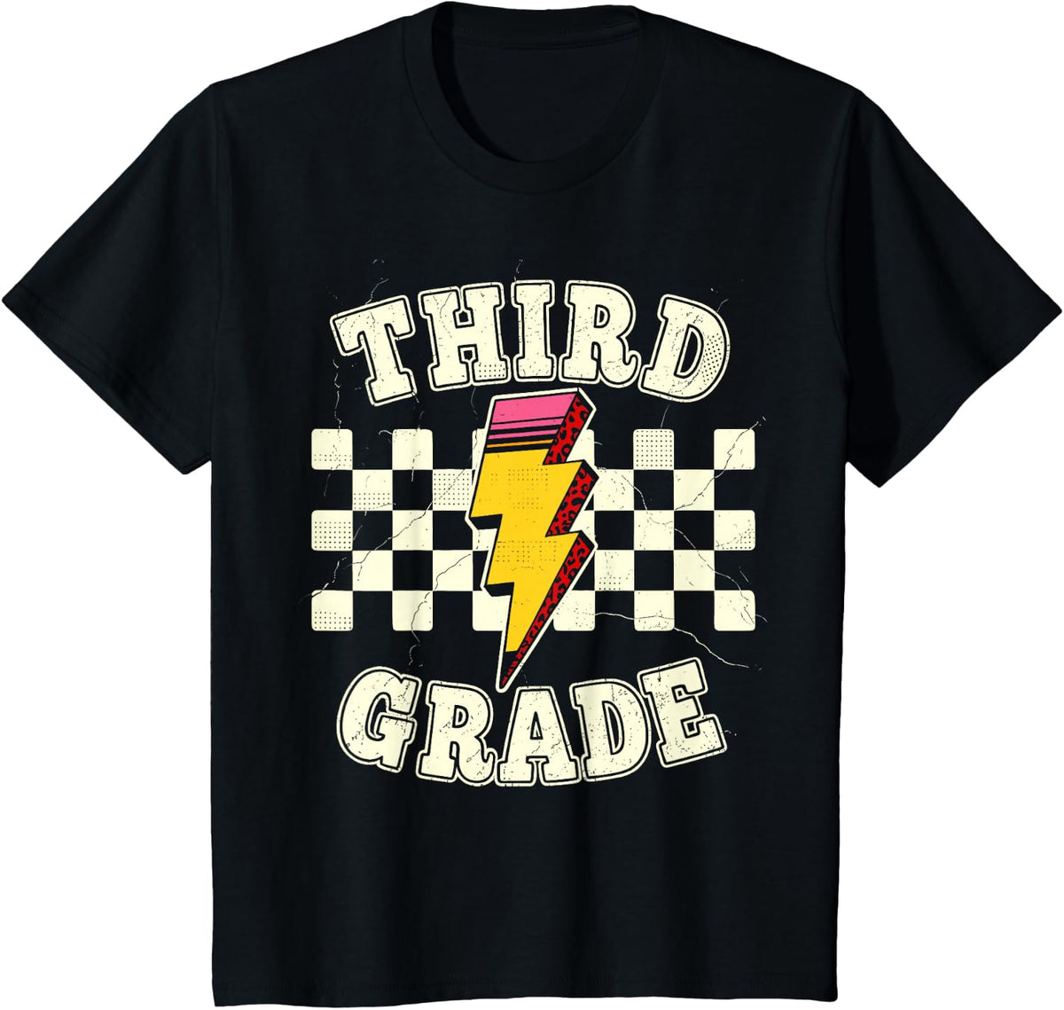 Retro Third Grade Teacher Lightning Bolt Pencil Teacher Kids T-Shirt - Black