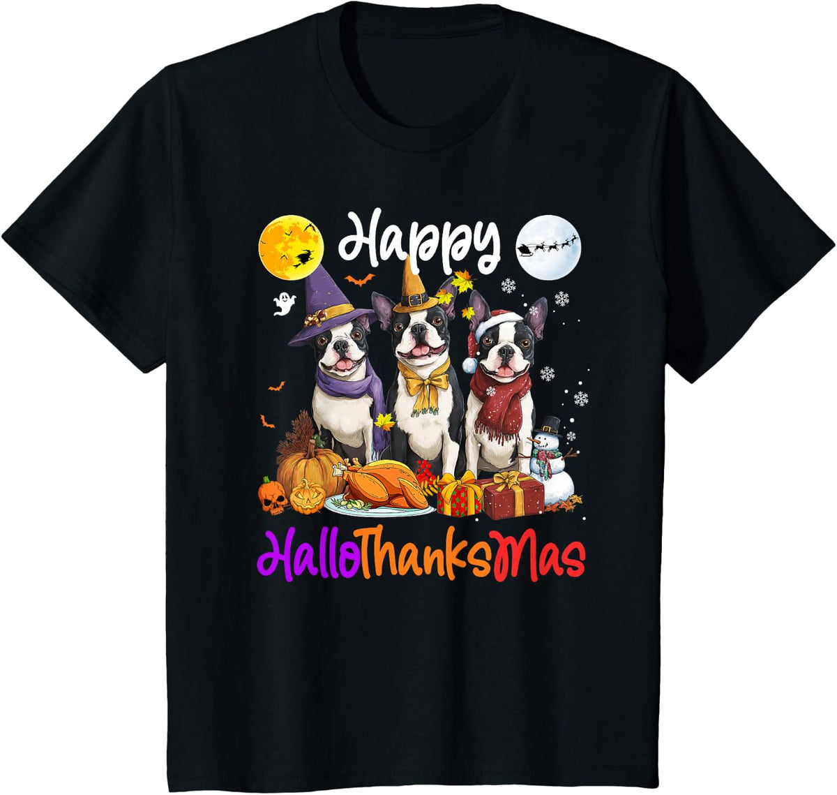 Boston Terrier Dog Christmas Thanksgiving Happy Halloween T-Shirt - Black