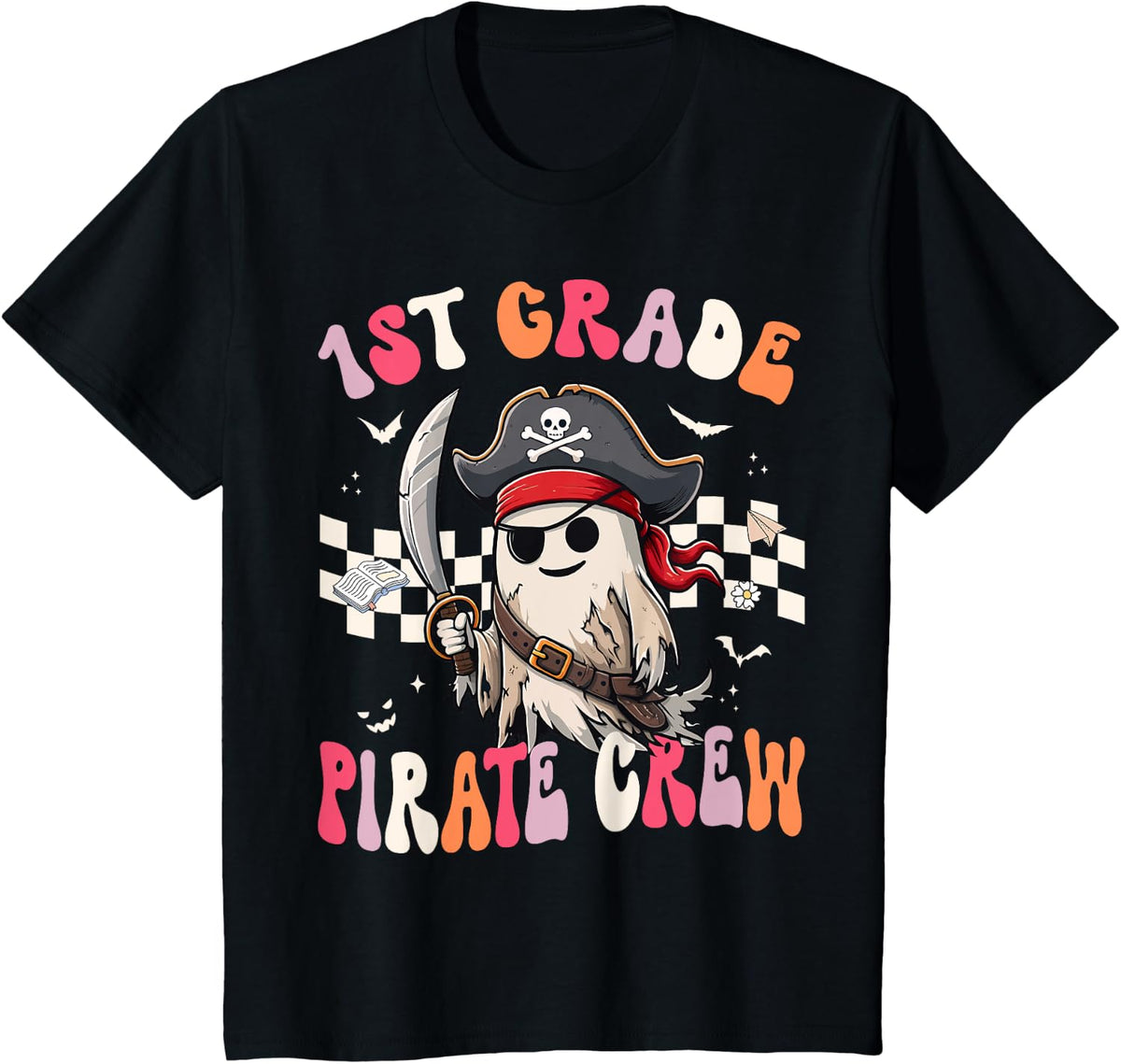 1st Grade Pirate Crew Teacher Halloween Student Ghost Retro T-Shirt - Black