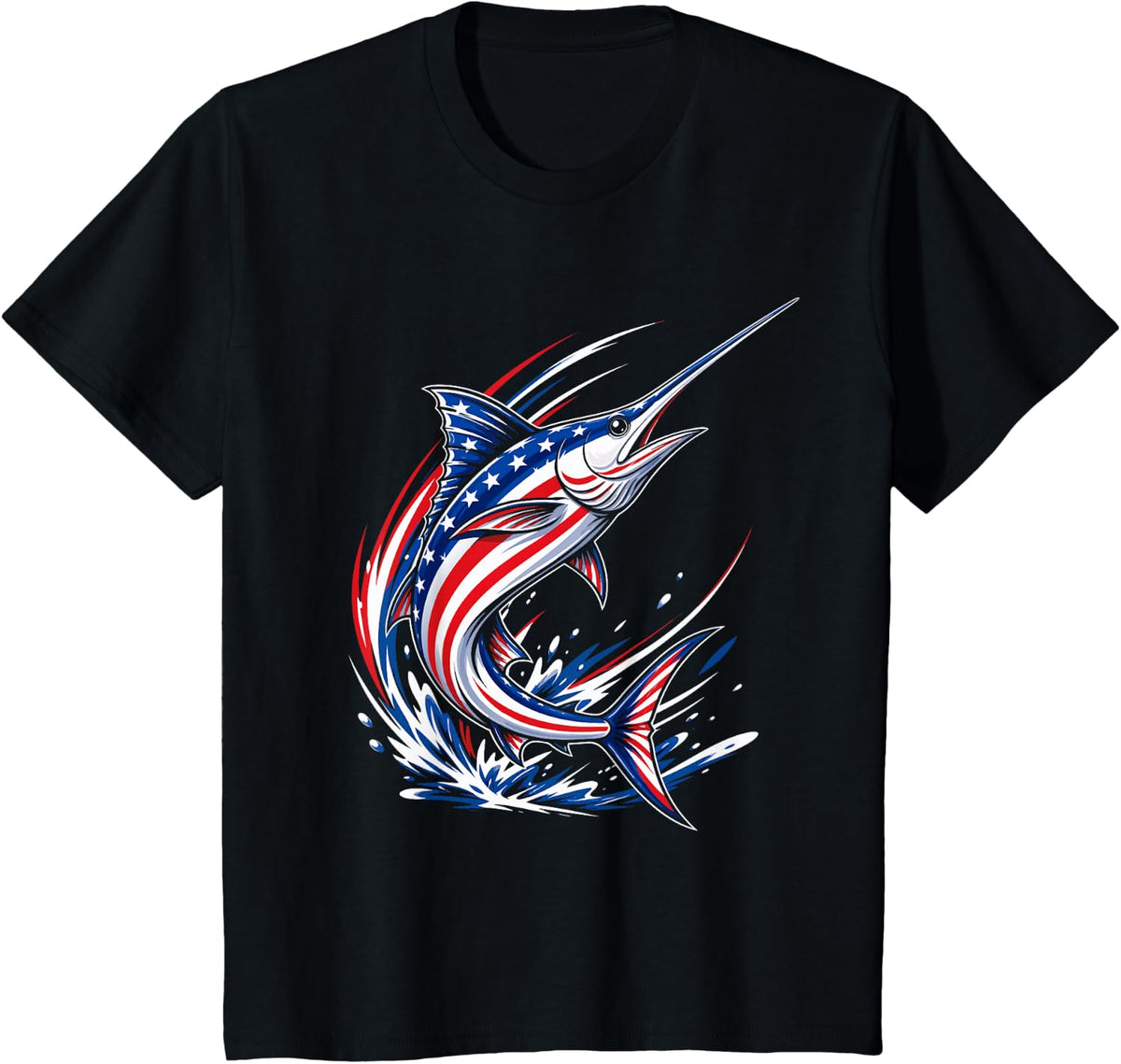 Patriotic Swordfish 4th of July American Flag Marlin Fishing T-Shirt - Black