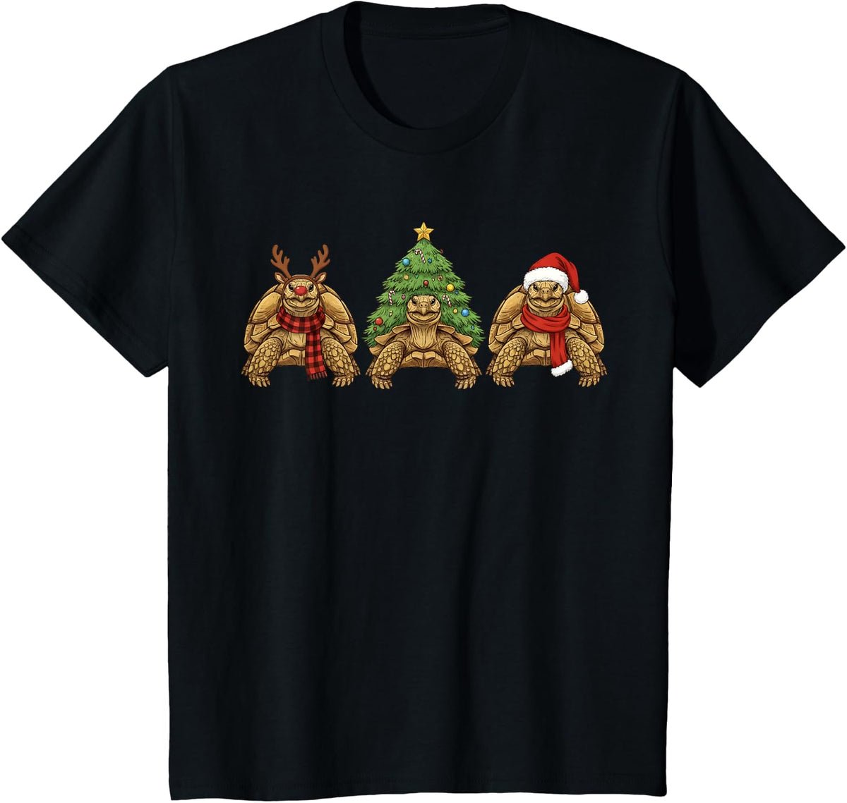 Retro Christmas Sulcata Tortoise Santa Reindeer T-Shirt - Black