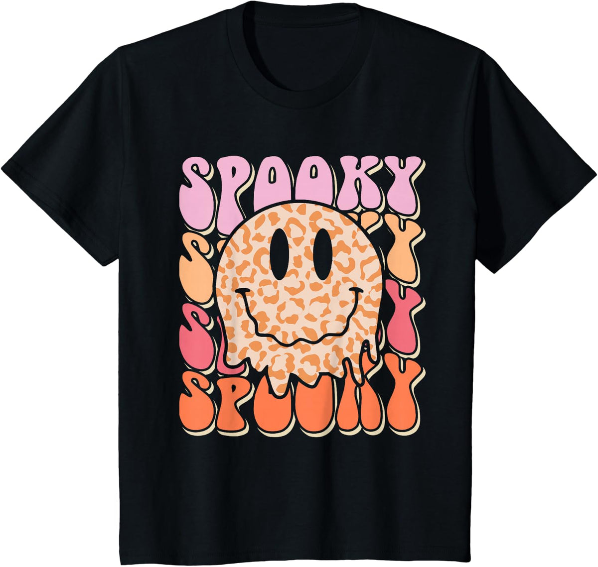 Groovy Halloween Spooky Leopard Smile Face Checkered T-Shirt - Black