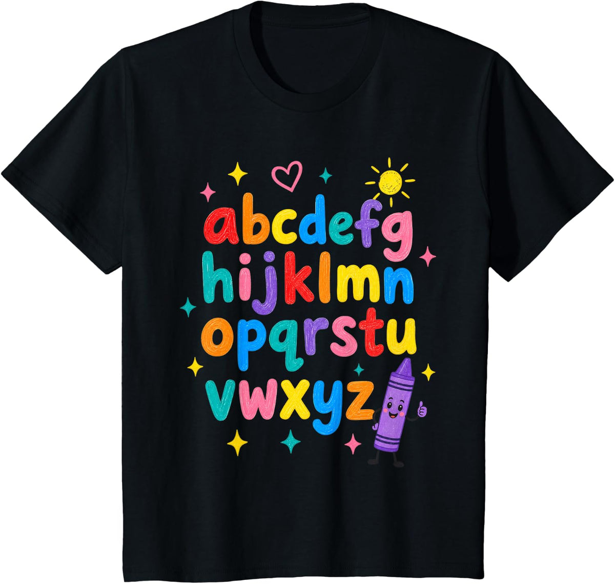 ABC Alphabet Lowercase Crayon Kindergarten Teacher T-Shirt - Black
