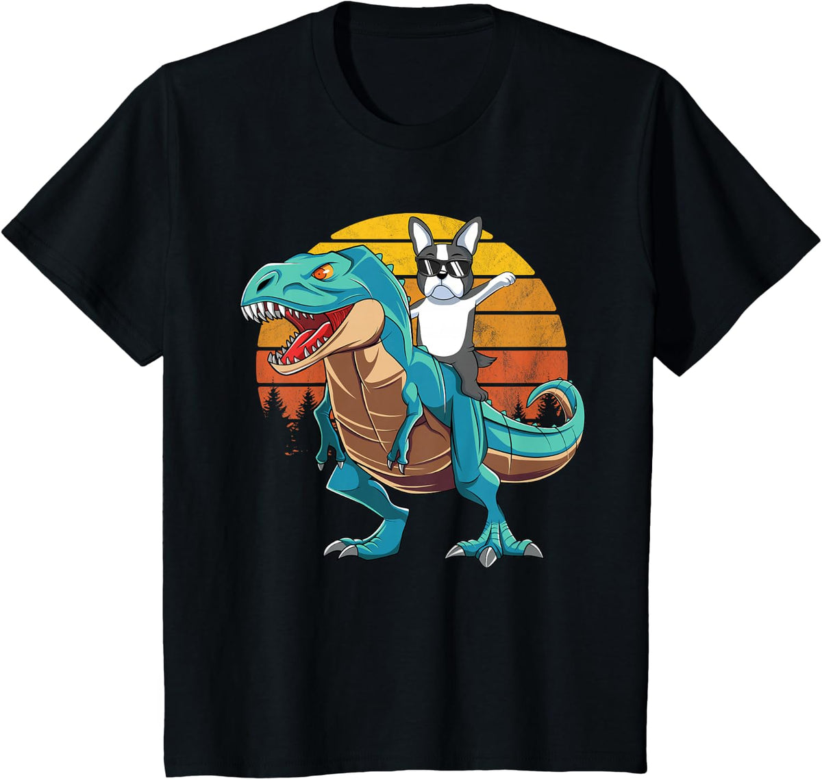 Boston Terrier Dog Riding Dinosaur T Rex Boys T-Shirt - Black