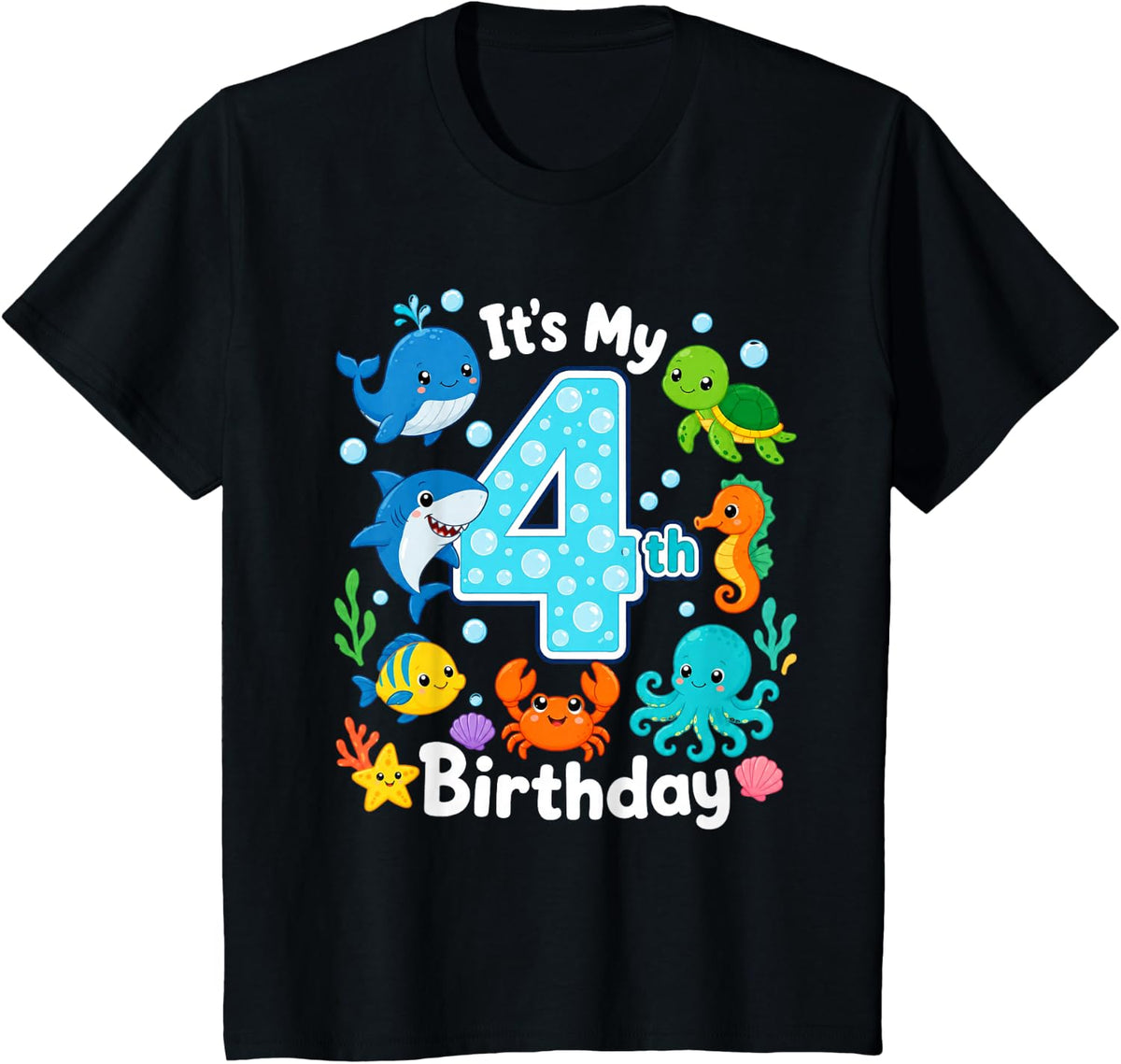 4th Birthday Party 4 Year Old Sea Fish Aquarium Birthday Boy T-Shirt - Black