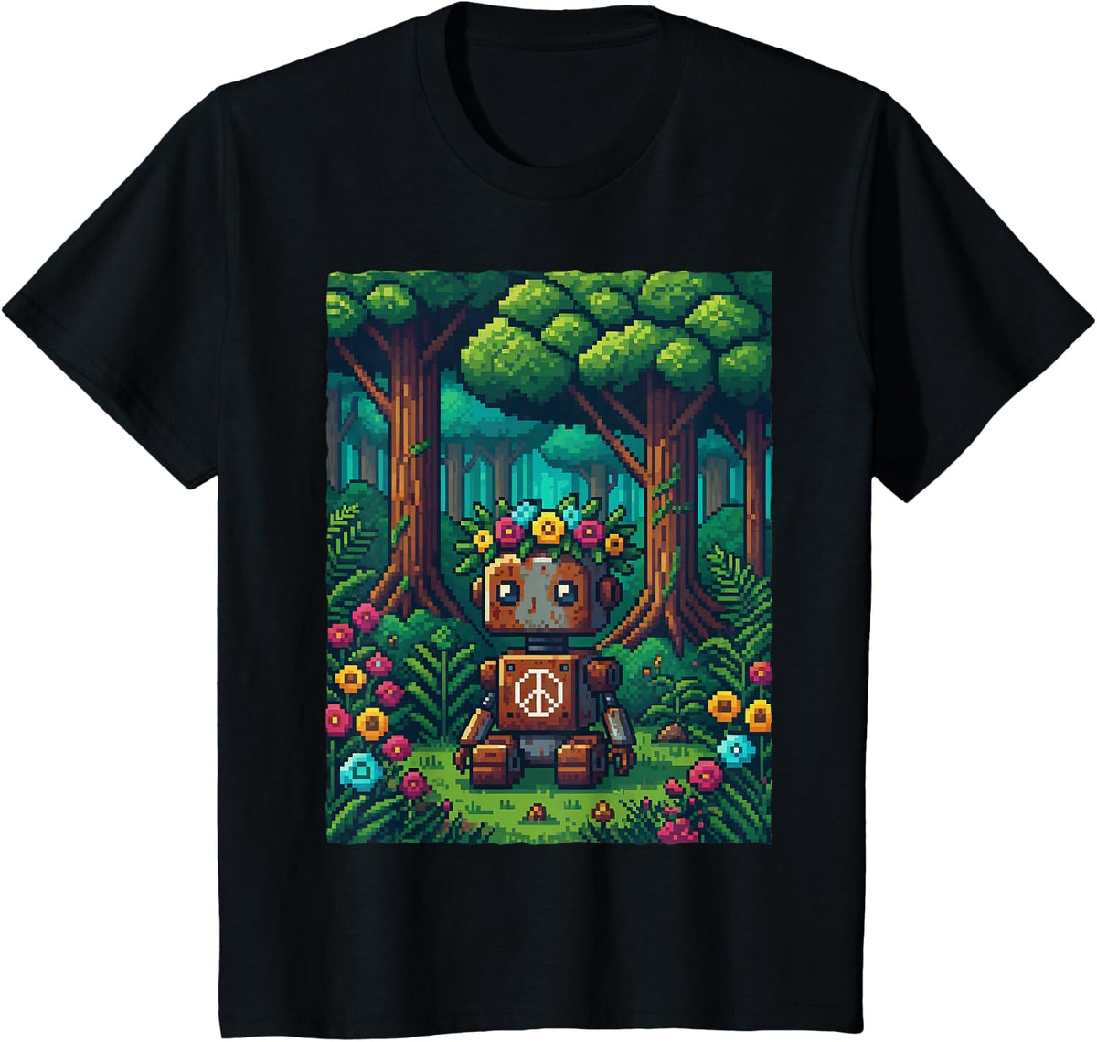 Cute Pixel Art Robot Forest Peace Sign Flowers 8-Bit Retro T-Shirt - Black