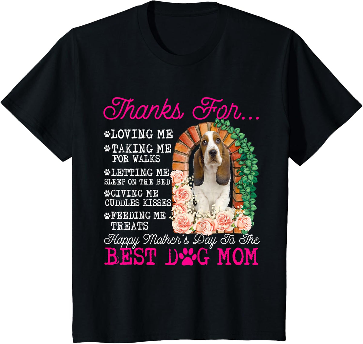 Funny Happy Mother's Day Best Dog Mom Cute Basset Hound Dog T-Shirt - Black