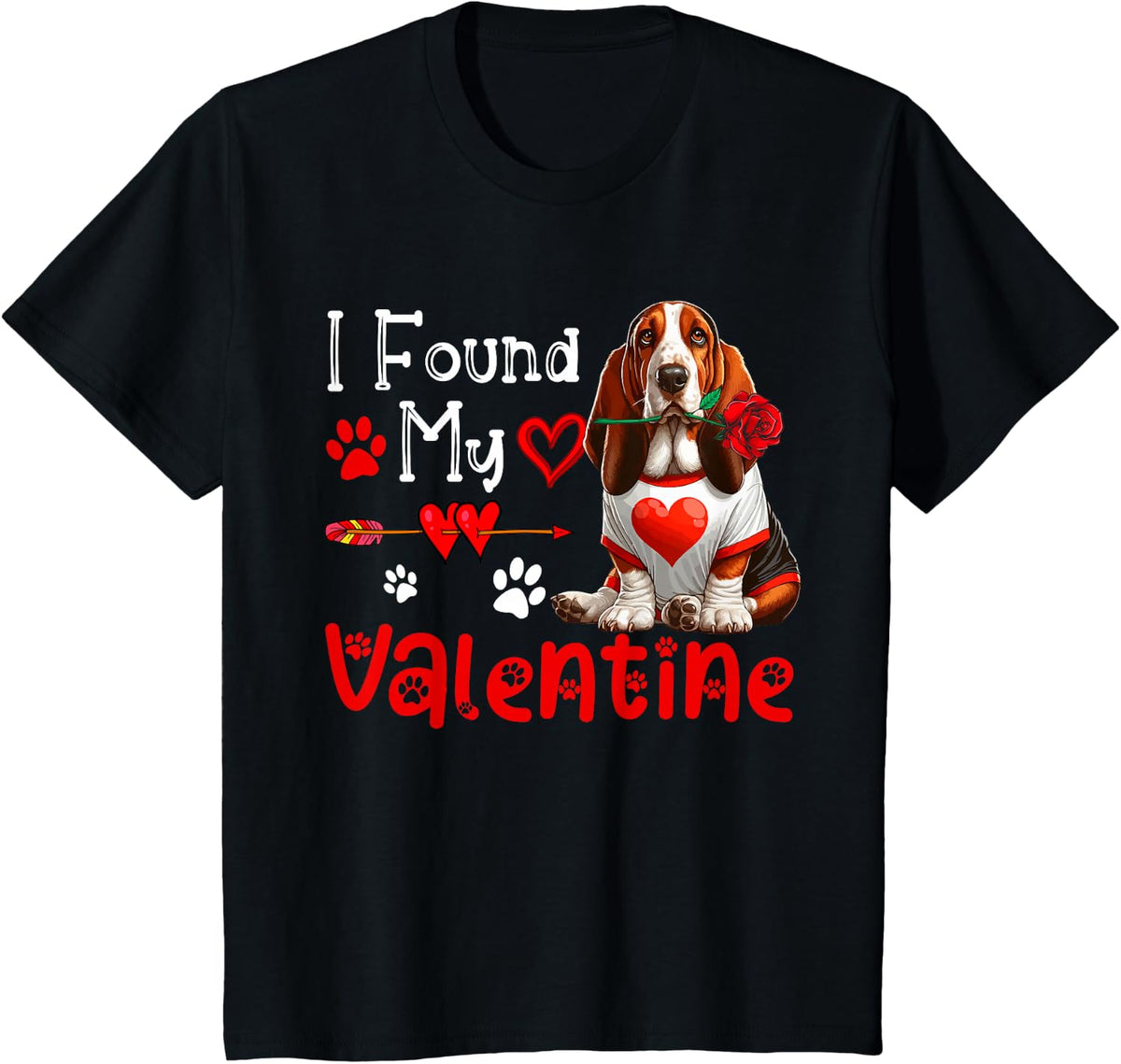 I Found My Valentine Basset Hound With Flower Cute Hearts Tee T-Shirt For Dog Lovers - Black
