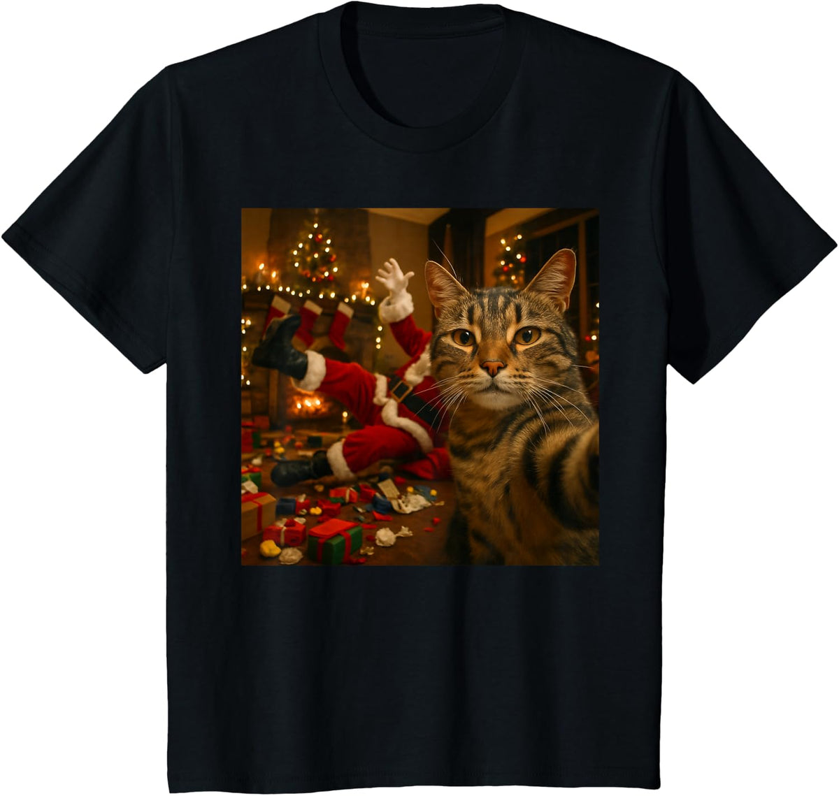 Funny Cat Selfie with Santa Claus Christmas Meme T-Shirt - Black